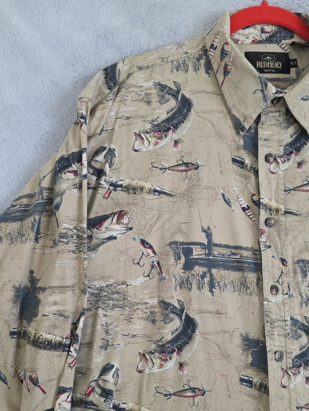 RedHead Fishing Shirt Mens XLT Tan Bass Fish Lure Print Long Sleeve Button Up Co - Picture 3 of 14